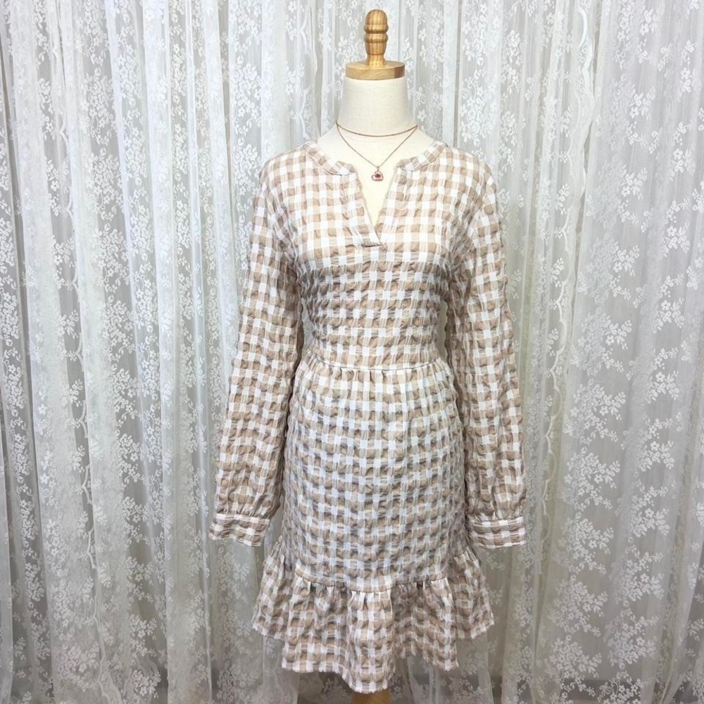 Vero Moda Brown White Gingham Checked Dress Long Sleeves Cottagecore Fall XL